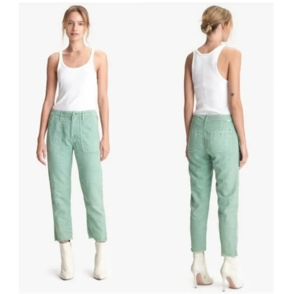 NWT Mother Hedge Green The Shaker Chop Cropped Linen Blend Pants Size 24